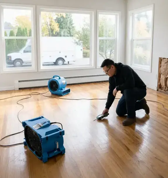 Technician confirming a hardwood floor is dry before water damage rebuild work in Wisconsin Rapids, WI