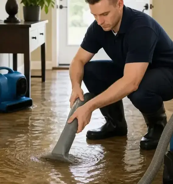 Technician removing standing water from a floor with an extraction wand in Wisconsin Rapids, WI