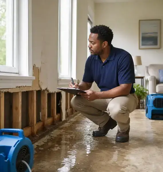 Technician documenting water damage on a clipboard to support an insurance claim in Wisconsin Rapids, WI