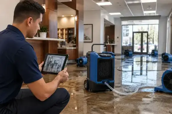 Technician reviewing moisture readings beside a dehumidifier and air movers in a flooded lobby in Wisconsin Rapids, WI
