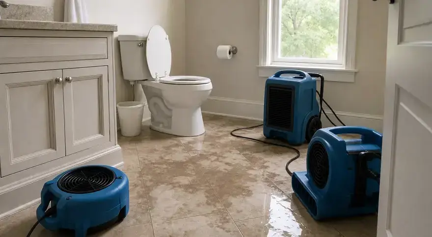 Air movers and a dehumidifier drying a bathroom floor after a toilet overflow in Wisconsin Rapids, WI