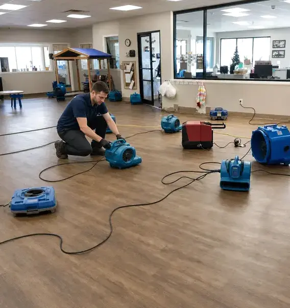 Technician placing air movers across a wet floor during commercial water damage restoration in Wisconsin Rapids, WI