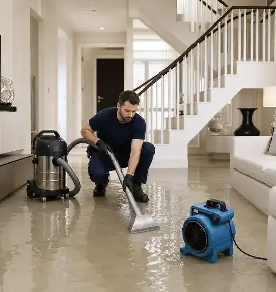 Technician extracting floodwater from a flooded lower level during basement flood cleanup in Wisconsin Rapids, WI