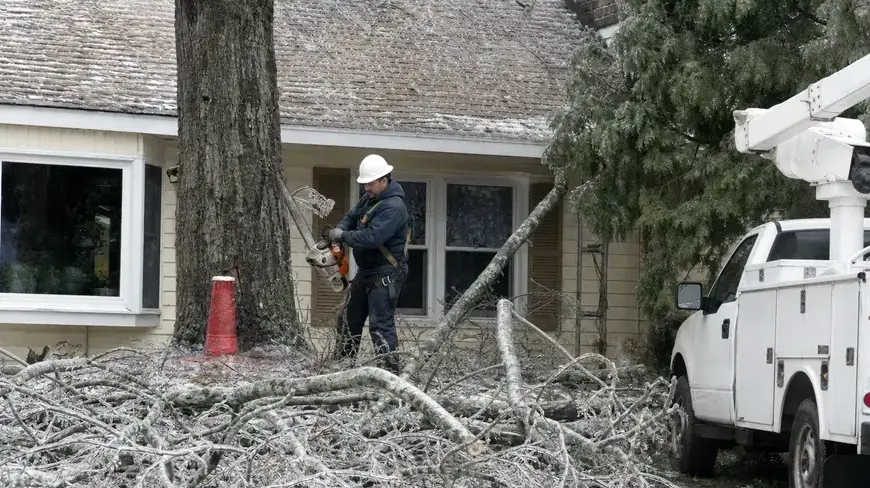 Worker clearing ice-covered fallen branches beside a home after a winter storm in Wisconsin Rapids, WI