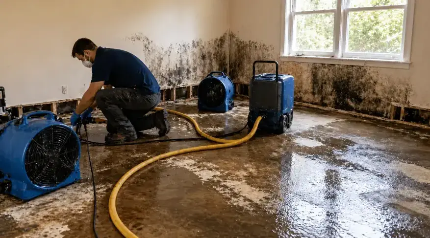 Technician drying a storm-damaged room with stained walls using air movers and a dehumidifier in Wisconsin Rapids, WI