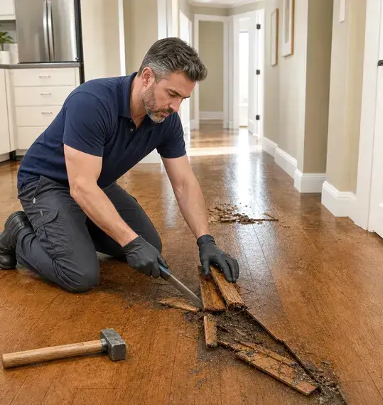 Technician prying up water-damaged hardwood floorboards in Wisconsin Rapids, WI