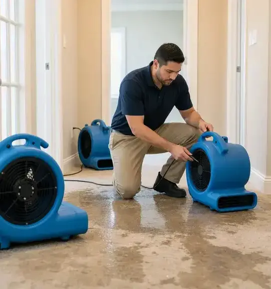 Technician setting up air movers on a wet hallway floor after a burst pipe in Wisconsin Rapids, WI