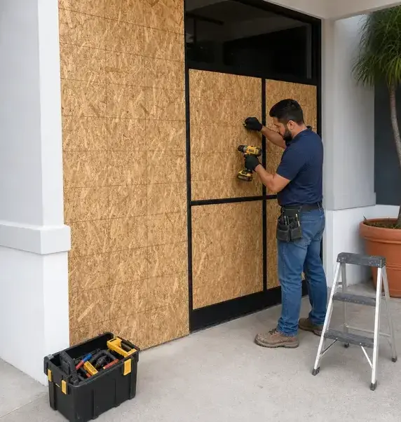 Worker screwing plywood over storefront windows during an emergency board-up in Wisconsin Rapids, WI