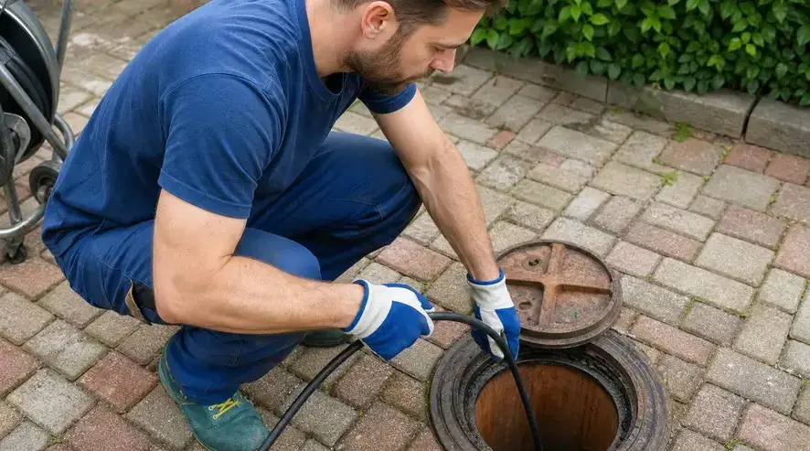 Technician running a drain line into an outdoor sewer access in Wisconsin Rapids, WI