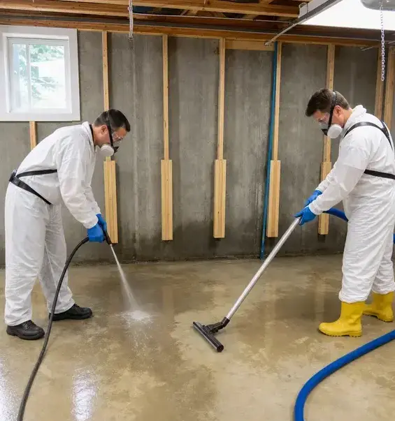 Workers in protective suits and respirators cleaning a basement floor after a sewage backup in Wisconsin Rapids, WI