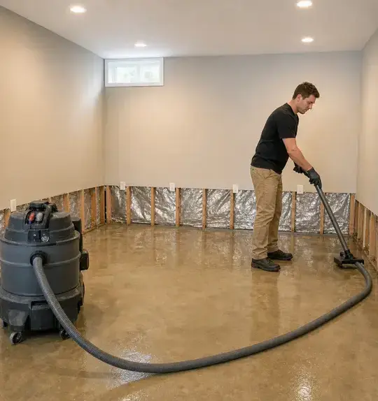 Technician vacuuming floodwater from a basement floor with cut-back walls during flood damage restoration in Wisconsin Rapids, WI