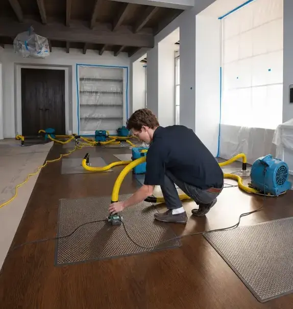 Technician setting up floor-drying mats on hardwood, one of the factors behind water damage restoration cost in Wisconsin Rapids, WI
