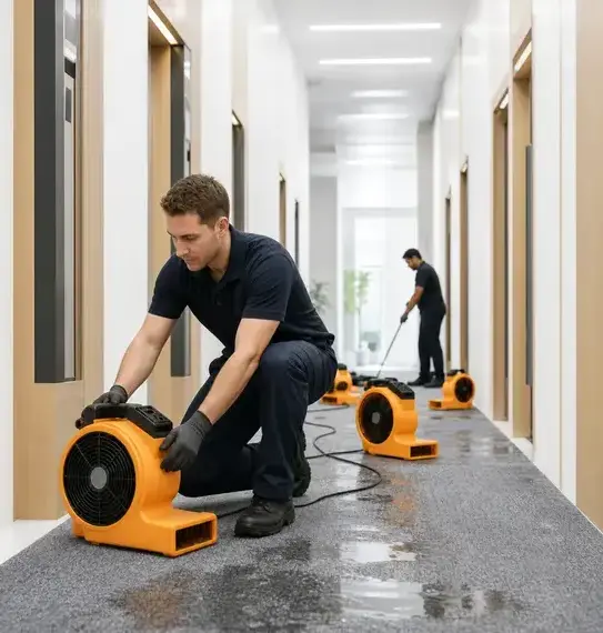 Technician placing air movers to dry a water-damaged carpeted hallway in Wisconsin Rapids, WI