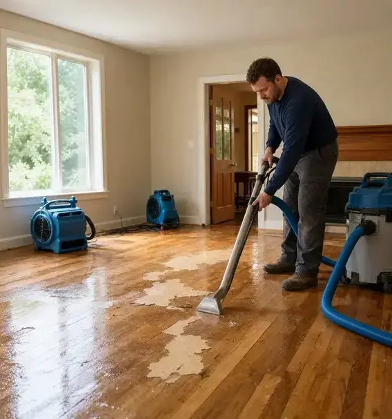 Technician extracting water from a hardwood floor as air movers dry the room during water mitigation in Wisconsin Rapids, WI