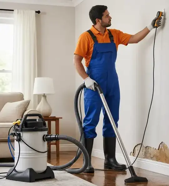 Restoration worker checking a water-damaged wall with a moisture meter in Wisconsin Rapids, WI