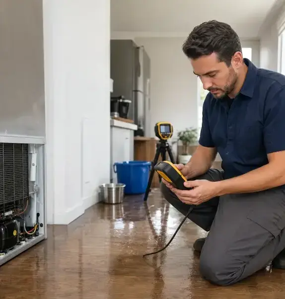 Technician checking moisture on a wet kitchen floor beside a leaking appliance in Wisconsin Rapids, WI