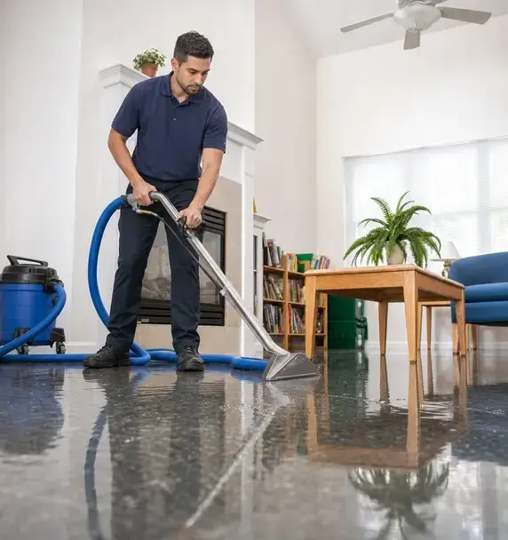 Technician extracting standing water from a living room floor during emergency water damage cleanup in Wisconsin Rapids, WI