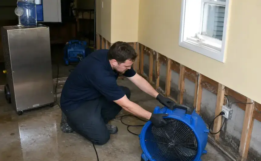 Technician positioning an air mover beside cut-back drywall to dry a flooded room in Wisconsin Rapids, WI