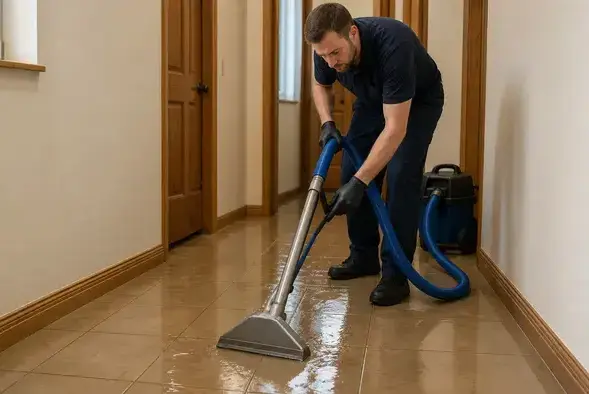 Technician extracting water from a tiled hallway floor in Wisconsin Rapids, WI