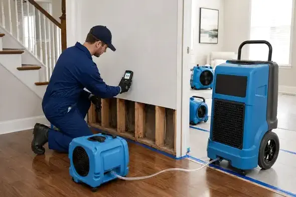 Technician checking moisture behind removed drywall with air movers and a dehumidifier after a flood in Wisconsin Rapids, WI
