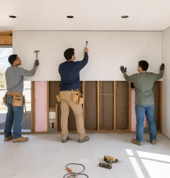 Crew hanging new drywall over opened wall framing during water damage repair in Wisconsin Rapids, WI