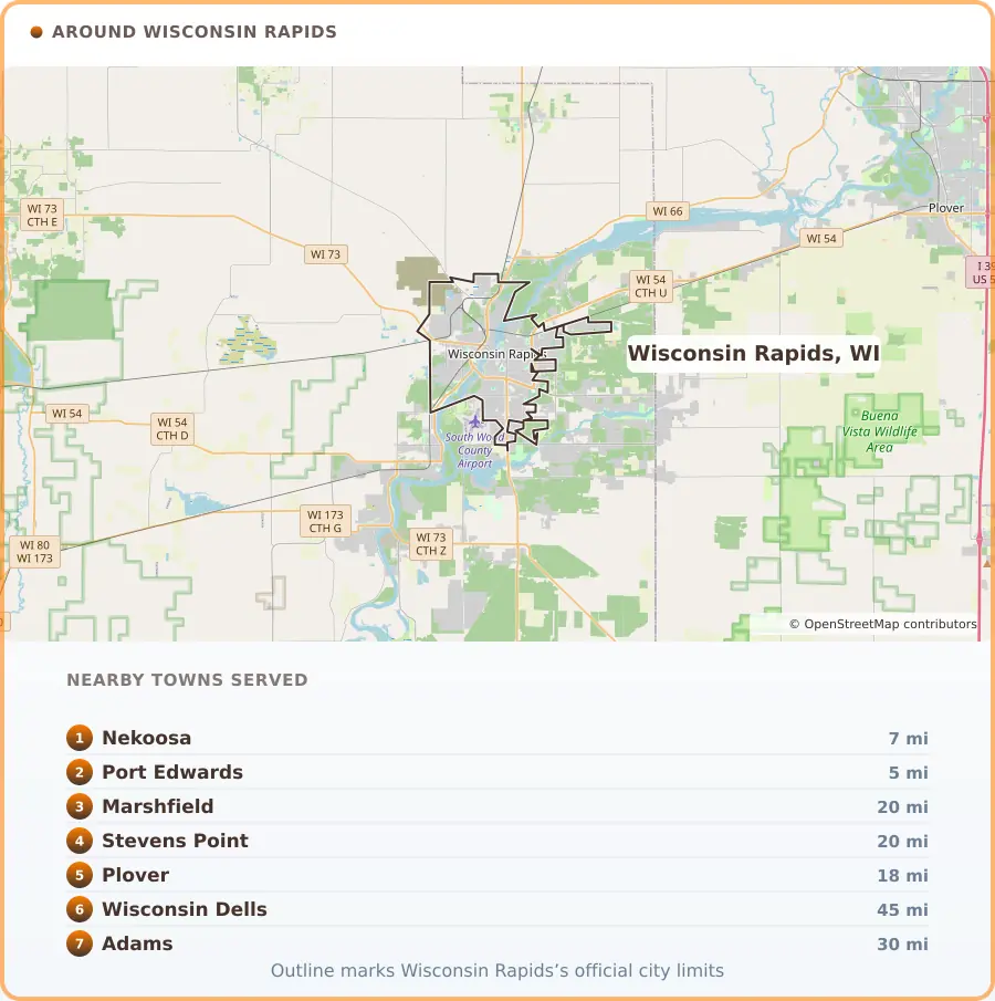 Map of the Wisconsin Rapids, WI area, covering Nekoosa 7 miles away, Port Edwards 5 miles away, Marshfield 20 miles away, Stevens Point 20 miles away, Plover 18 miles away, Wisconsin Dells 45 miles away and Adams 30 miles away.